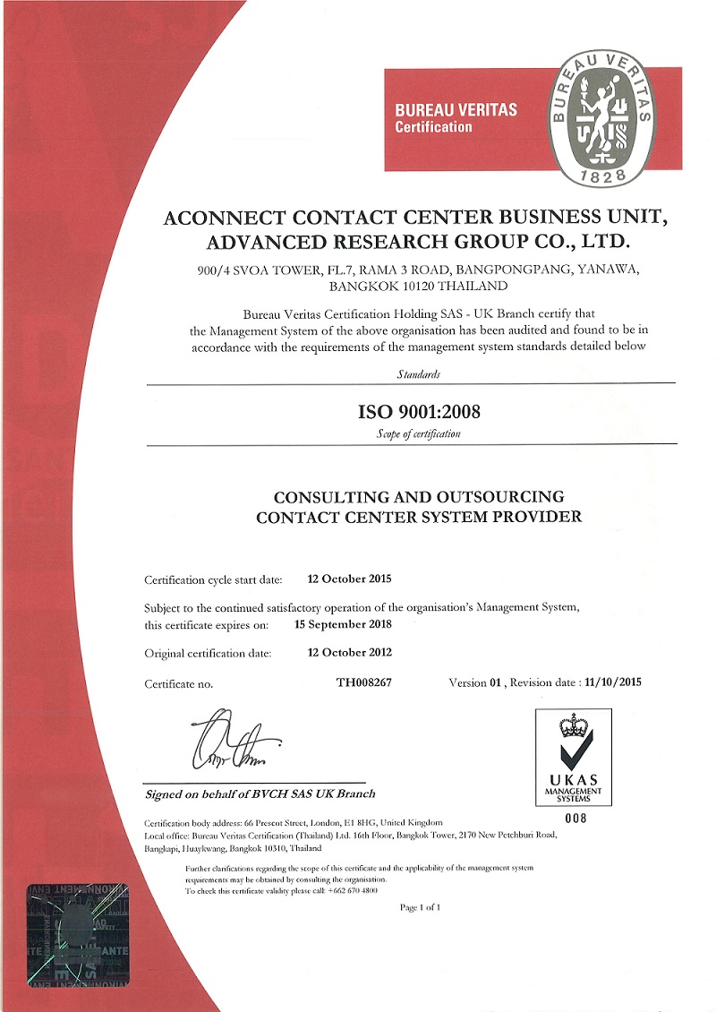ACONNECT ได้รับการรับรองระบบบริหารคุณภาพ ตามมาตรฐาน ISO 9001 : 2008
